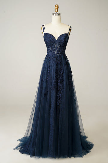 Navy Blue Sweetheart Empire Long Ball Dress with Appliques